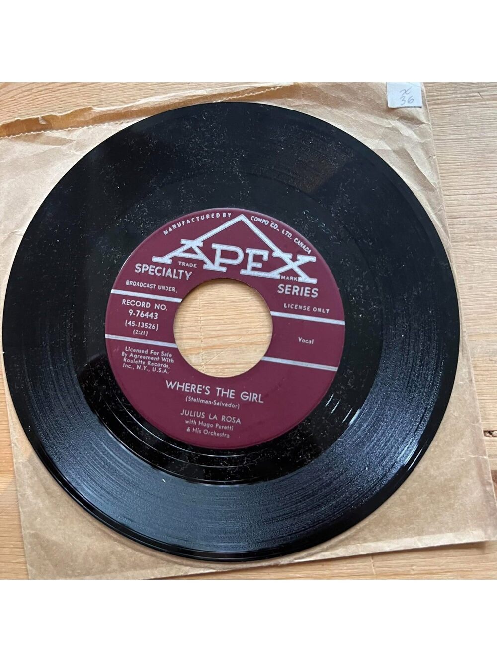 Julius La Rosa With Hugo Peretti & His Orchestra -Where's the Girl 45rpm VG+ R16